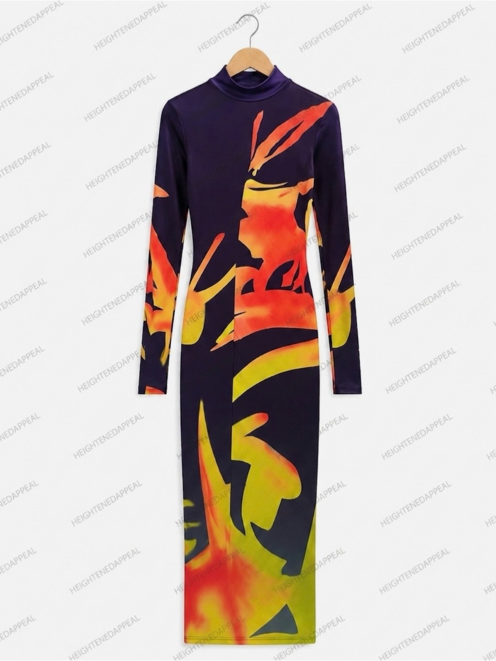 Printed Mesh High-Neck Bodycon Maxi Dress – Bold Graphic Long Sleeve Fit Size XS